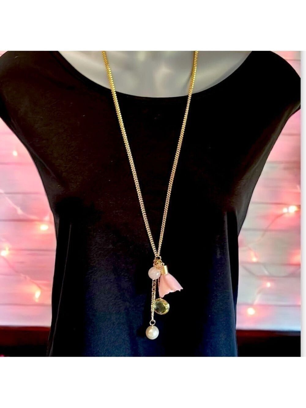 LONG Gold Necklace Pendant with Pink Flower and Charms by INC